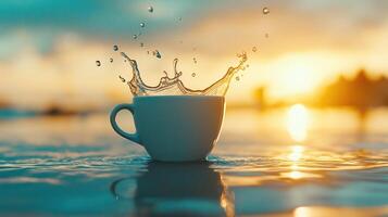 White cup with splashing water at sunset with palm trees background, copy space photo
