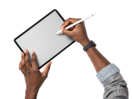 Dark-skinned hands using stylus on tablet blank screen png