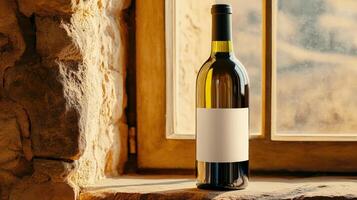 Bottle of wine with blank white label sits on stone window sill in rustic winery, copy space photo