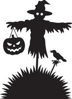 Black silhouette of a scarecrow with a pumpkin and a crow halloween vector