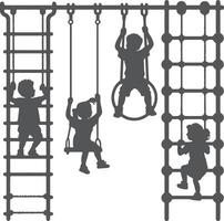 Grey Silhouette Children Playing on Playground Equipment Including Swings Ladders and Climbing Frames vector