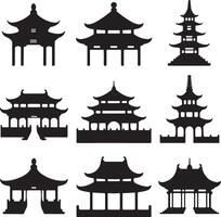 Nine Black Silhouettes of Asian Style Temples Pagodas and Gateways on White Background Architectural Icons Set vector