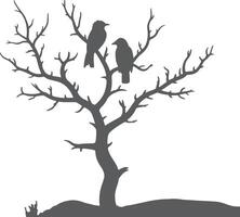 Two Dark Gray Bird Silhouettes Perched on a Bare Gray Tree Branches Against White Background Simple Nature Silhouette Illustration vector