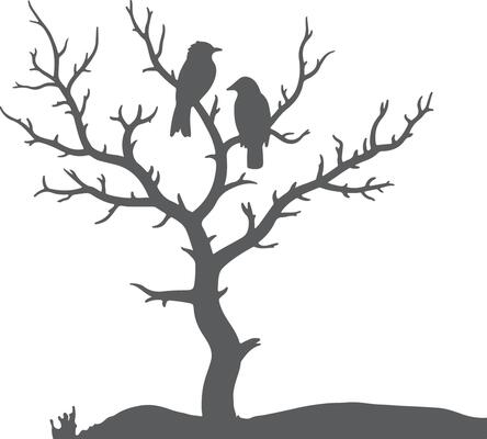 Two Dark Gray Bird Silhouettes Perched on a Bare Gray Tree Branches Against White Background Simple Nature Silhouette Illustration