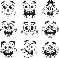 Cartoon faces with expressive eyes and wide smiles expressions vector