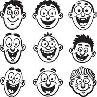 Nine Black and White Cartoon Silhouettes of Happy Male Faces with Varying Hairstyles and Expressions vector
