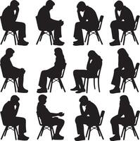 Twelve Black Silhouettes of People Sitting in Chairs Various Poses Thoughtful Contemplative vector