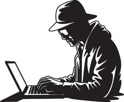 Silhouette of a person wearing a hat and glasses typing on a laptop vector
