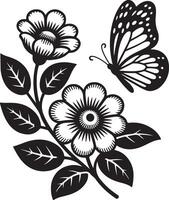 Black and White Silhouette of Flowers and Butterfly Floral Design Botanical Illustration Monochrome Nature Art Print Graphic Design Element vector