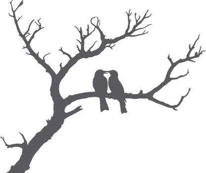 Two Gray Bird Silhouettes Perched on a Bare Branch of a Twisted Tree a Romantic Scene in Monochrome vector