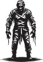 Black and White Silhouette of a Mummy Figure Standing Tall Wrapped in Bandages with a Serious Expression vector