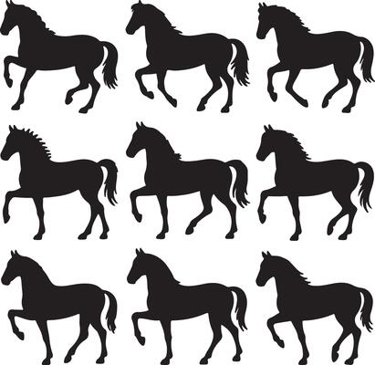 Black horse silhouettes in motion running