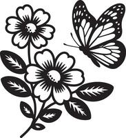 Black and White Silhouette Illustration of Flowers and Butterfly Floral Design Botanical Artwork Nature Theme Simple Elegant Graphic Design Element vector