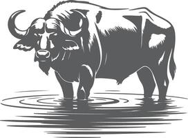 Grey Silhouette of a Cape Buffalo Standing in Water Ripples Grey Scale Animal Illustration Wildlife Graphic Design vector