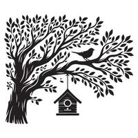 Silhouette of birdhouse hanging from a large tree illustration vector