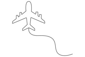Modern airplane in clean continuous one line drawing style for minimalist travel theme design vector