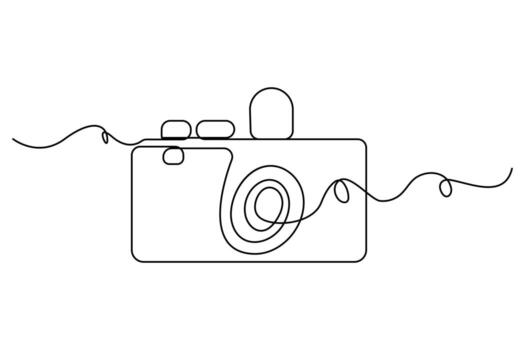 Continuous line elegant camera icon drawing in modern style illustration on white background for photography concept vector