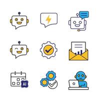 ai icon set. AI Personal Assistant. Virtual coworker, Chatbot, AI scheduler, etc. intelligence, assistant, internet. Mixed design style vector