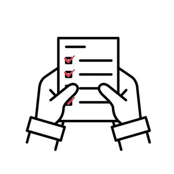 Work icon. Shared docs verification. Two hands holding shared document with check mark. meeting, teamwork, remote. Outline design style vector