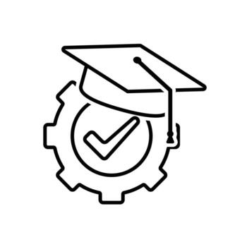 education icon. engineering learning. graduation cap on gear with check mark. smart, student, learning. Outline design style vector