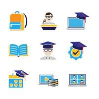 education icon set. online learning, graduation, book, public speaking, etc. smart, student, studying. flat design style vector