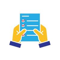 Work icon. Shared docs verification. Two hands holding shared document with check mark. meeting, teamwork, remote. Flat design style vector