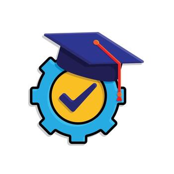 education icon. engineering learning. graduation cap on gear with check mark. smart, student, learning. isometric design style vector