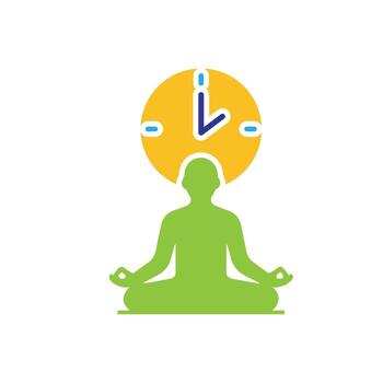 Mindfulness icon. meditation timer. person sitting lotus with clock behind. mental health, calmness, exercise. Flat design style vector
