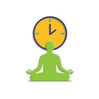 Mindfulness icon. meditation timer. person sitting lotus with clock behind. mental health, calmness, exercise. isometric design style vector
