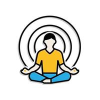 Mindfulness icon. meditation timer. person sitting lotus with clock behind. mental health, calmness, concentration. Mixed design style vector
