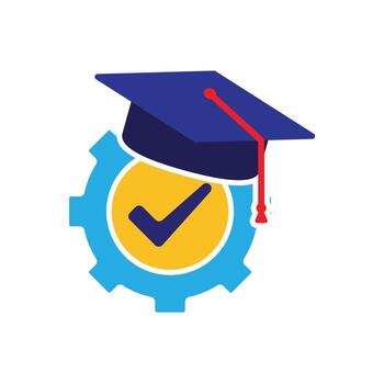 education icon. engineering learning. graduation cap on gear with check mark. smart, student, learning. Flat design style vector