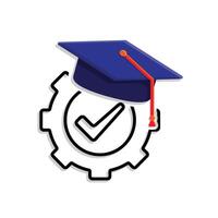 education icon. engineering learning. graduation cap on gear with check mark. smart, student, learning. Mixed design style vector
