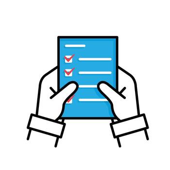 Work icon. Shared docs verification. Two hands holding shared document with check mark. meeting, teamwork, remote. Mixed design style vector