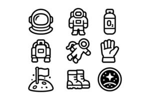 Astronaut gear icons set. Galaxy symbol logo illustration collection. Space equipment simple decorative pack. Helmet, Suit, Oxygen Tank, Jetpack, Spacewalk, Glove, Flag on Moon, Boots, Mission Patch vector