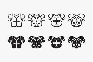 rugby shoulder pad icon set in outline and filled style. american football shoulder pad illustrations. protective gear accessory element designs with standard, padded, lineman, flexible shoulder guard vector