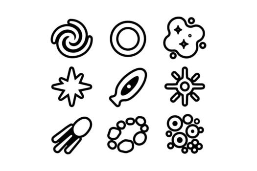 astronómico objetos icono colocar. conjunto de celestial cuerpos símbolo decorativo ilustración haz con lechoso forma, negro agujero, nebulosa, supernova, agujero de gusano, quásar, cometa, asteroide cinturón, galaxia racimo vector