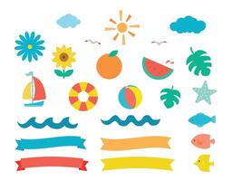 Illustrations and frames set for summer and the sea Decorations, ornaments, ribbons, summer vacation, watercolor style, waves vector