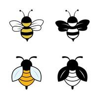 Bee Icons Collection Color and Silhouette Set Illustration. The image includes two fully colored bees and two matching black silhouette versions. vector