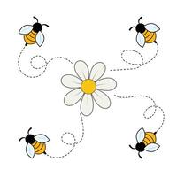 Bees Flying Around a Daisy Flower Illustration. This charming illustration features four adorable bees buzzing playfully around a single daisy flower at the center. vector