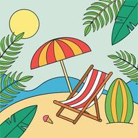 Beach scene with sun umbrella deck chair and surfboard illustration vector