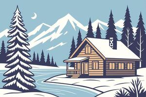 Winter Cabin Scene with Snow Covered Trees Mountains and Crescent Moon vector