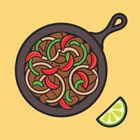 Skillet with Fajita Ingredients and Lime Slice on Yellow Background vector