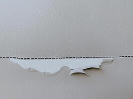 Close up of white paint is peeling off the wall. Failure of coating to properly adhere to surface. Flappy paint. photo