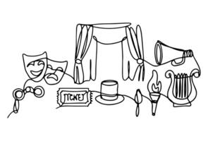 A set of objects associated with theater and acting drawn in line art style with a continuous line. vector