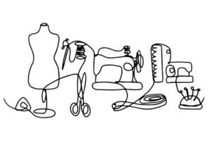 The concept of a sewing hobby drawn in line art style with one continuous line. vector