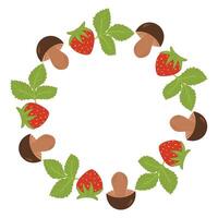 Mushrooms with strawberries circle frame. Round border made of plants. flat wreath isolated on white background vector