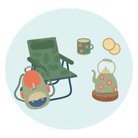 Camping circle composition. Backpack, folding chair, teapot, mug, cookies. Camping round icon vector