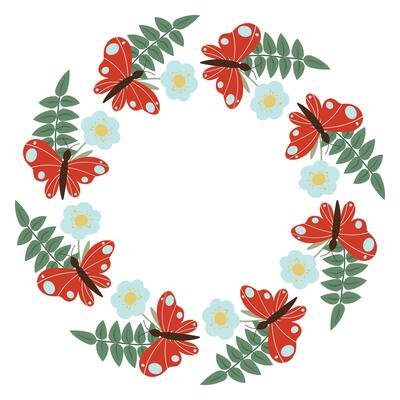 Leaves, flowers and butterflies circle frame. Nature round border made. flat wreath isolated on white background
