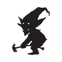 Black silhouette of a goblin character holding a hammer isolated on white background silhouette vector