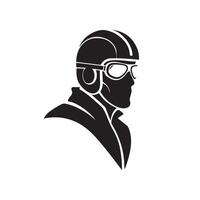 Retro pilot head with goggles and helmet silhouette isolated on white background vector